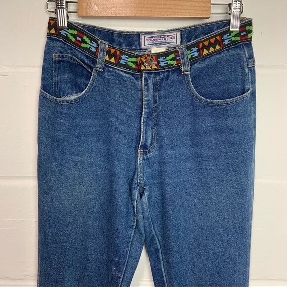 Vintage Andrew's Blue Aztec Hi Rise 100% Cotton Flare Denim Jean Size 5 B22 - Picture 2 of 6